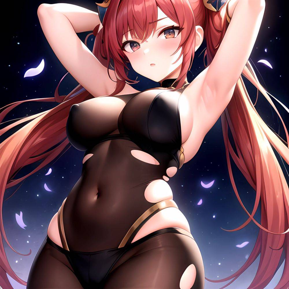 Roana Epic Seven 1girl Areola Slip Arm Garter Armpits Arms Behind Head Black Bodysuit Blush Bodysuit Breasts Brown Hair Covered, 1965080956 - AIHentai - #main