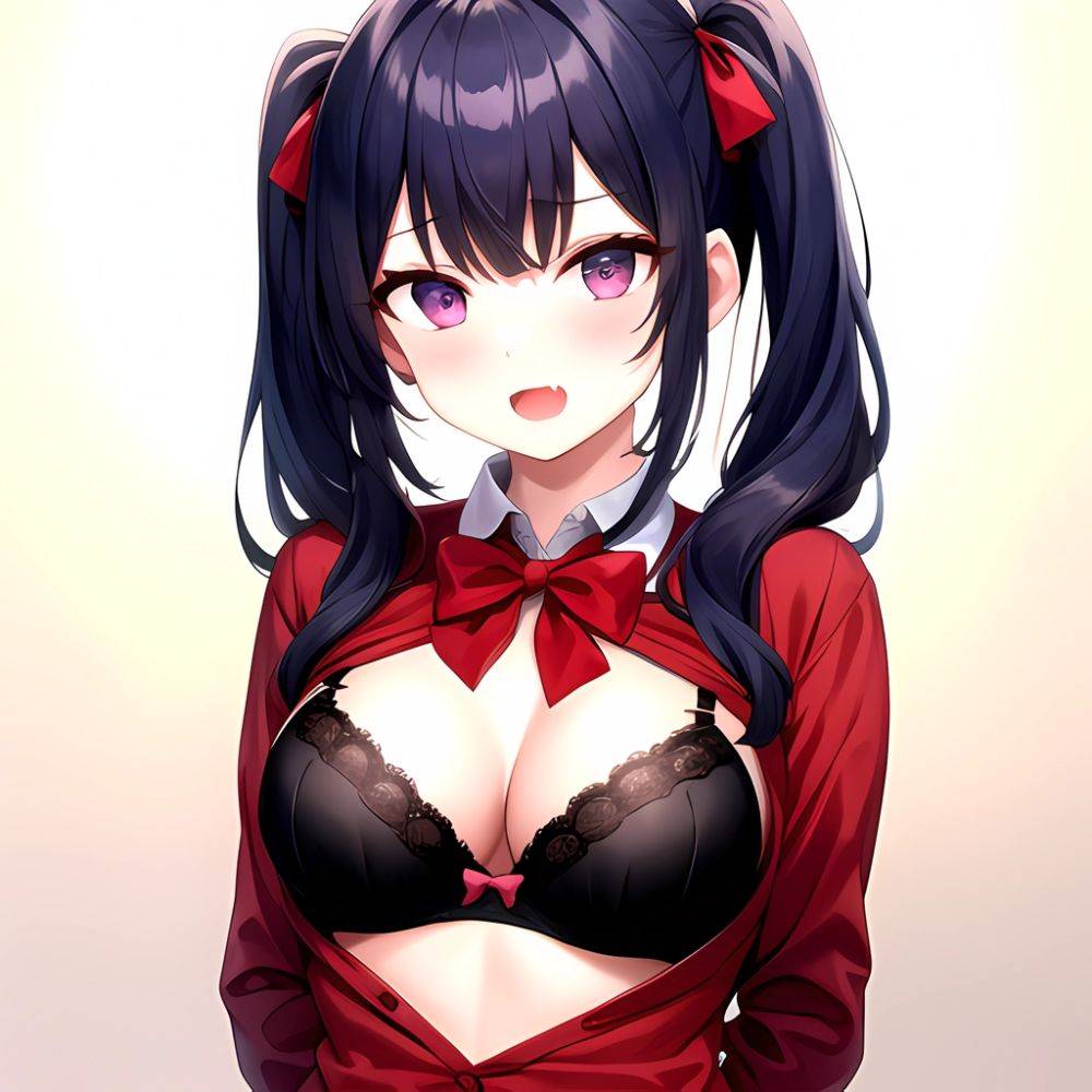 1girl Black Eyes Blue Hair Blush Bow Bowtie Bra Breasts Center Opening Cleavage Collared Shirt Fang Black Bra Hair Intakes, 1315744547 - AIHentai - #main