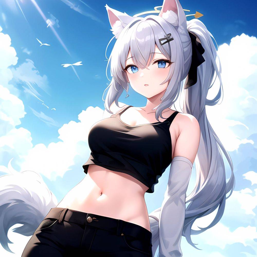 Shiroko Blue Archive 1girl Alternate Costume Animal Ear Fluff Animal Ears Arms Behind Back Black Pants Blue Eyes Blue Sky, 2943110696 - AIHentai - #main
