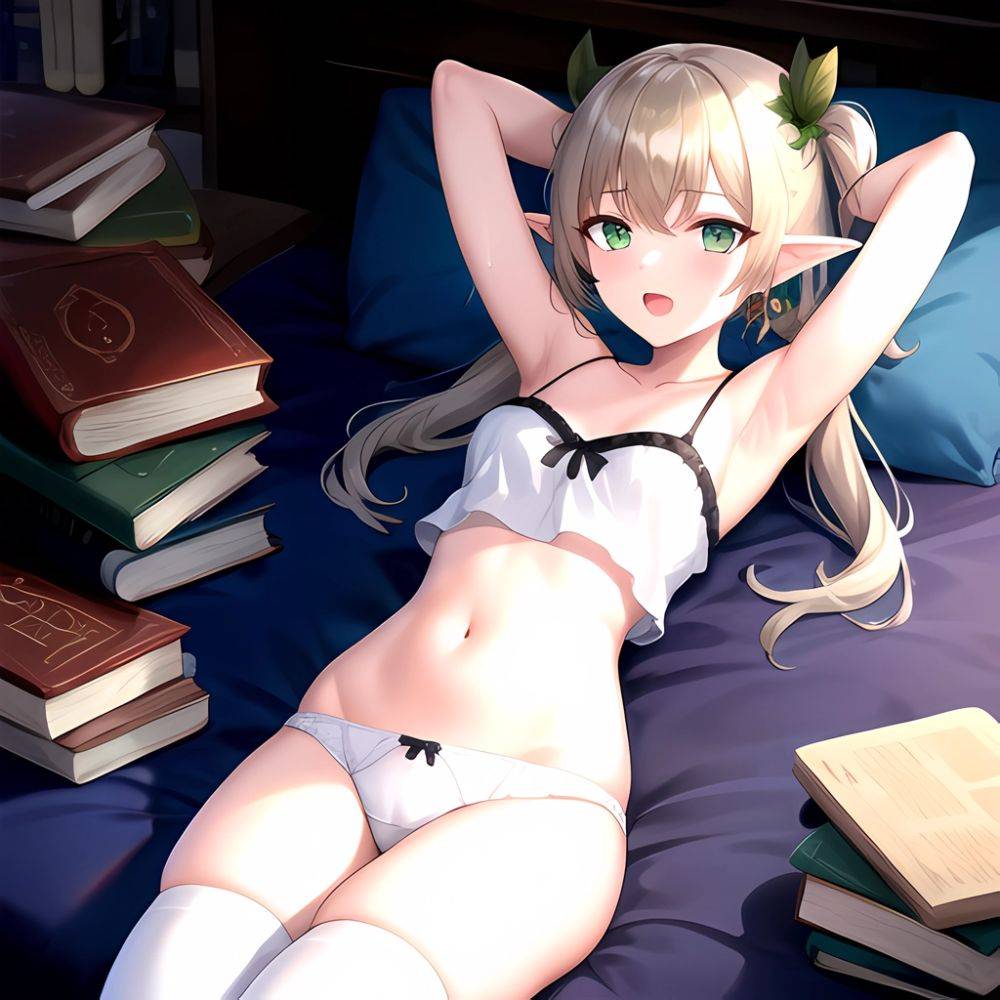 Frieren 1girl Alternate Costume Arms Behind Head Arms Up Armpits Bare Shoulders Book Breasts Brown Thighhighs Camisole Collarbon, 219947579 - AIHentai - #main