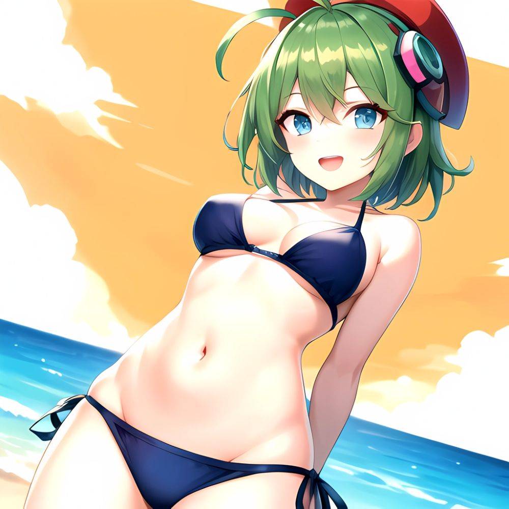 Roro Gunvolt 1girl Ahoge Arms Behind Back Bikini Blue Eyes Breasts Cowboy Shot Green Hair Groin Halterneck Headgear Light Partic, 3814737634 - AIHentai - #main