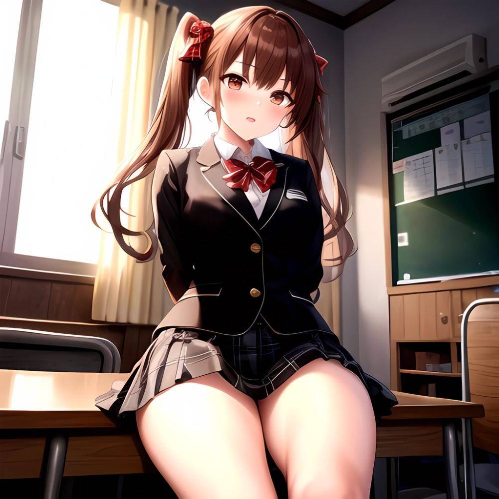 Shirai Kuroko 1girl Arms Behind Back Bdsm Black Skirt Blazer Blush Bondage Bound Bound Arms Bound Legs Bow Bowtie Brown, 795686895 - AIHentai - #main