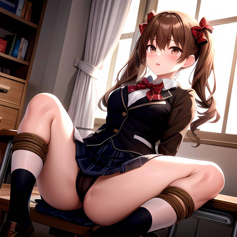 Shirai Kuroko 1girl Arms Behind Back Bdsm Black Skirt Blazer Blush Bondage Bound Bound Arms Bound Legs Bow Bowtie Brown, 155184173 - AIHentai - #main