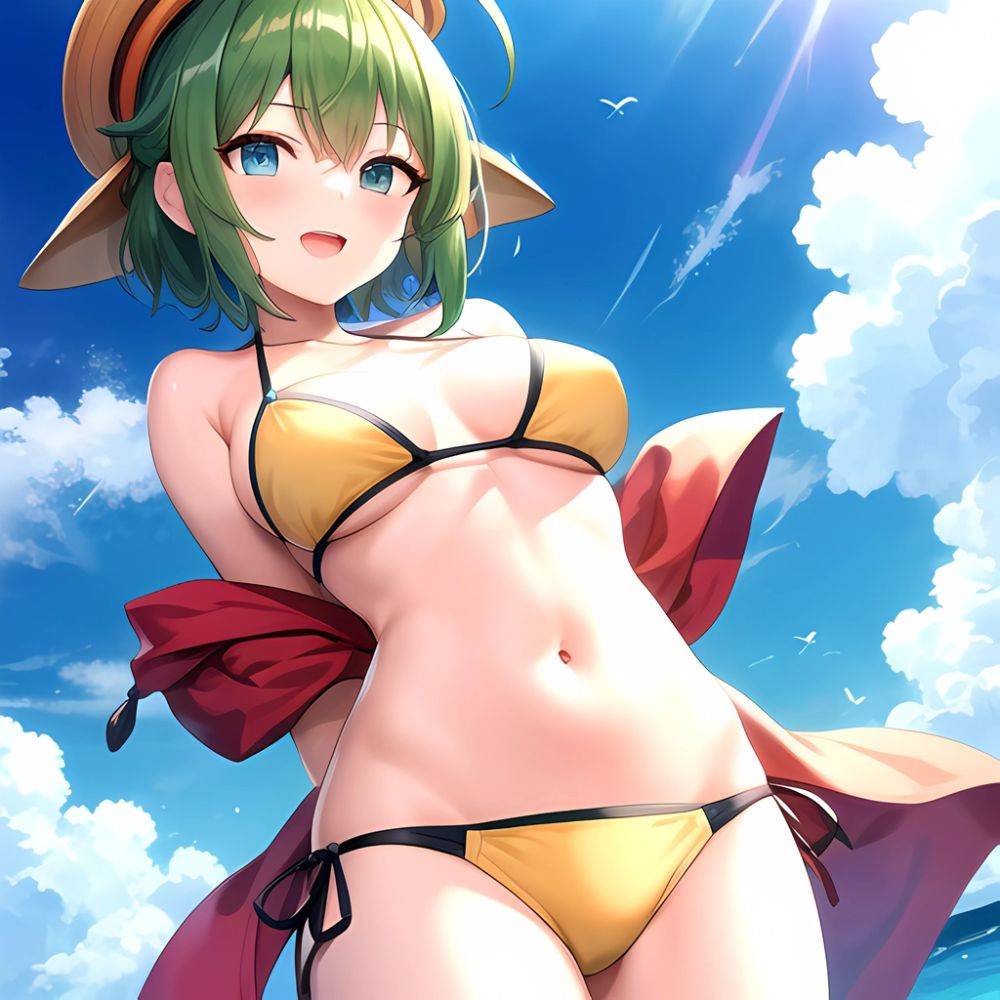 Roro Gunvolt 1girl Ahoge Arms Behind Back Bikini Blue Eyes Breasts Cowboy Shot Green Hair Groin Halterneck Headgear Light Partic, 1126674071 - AIHentai - #main