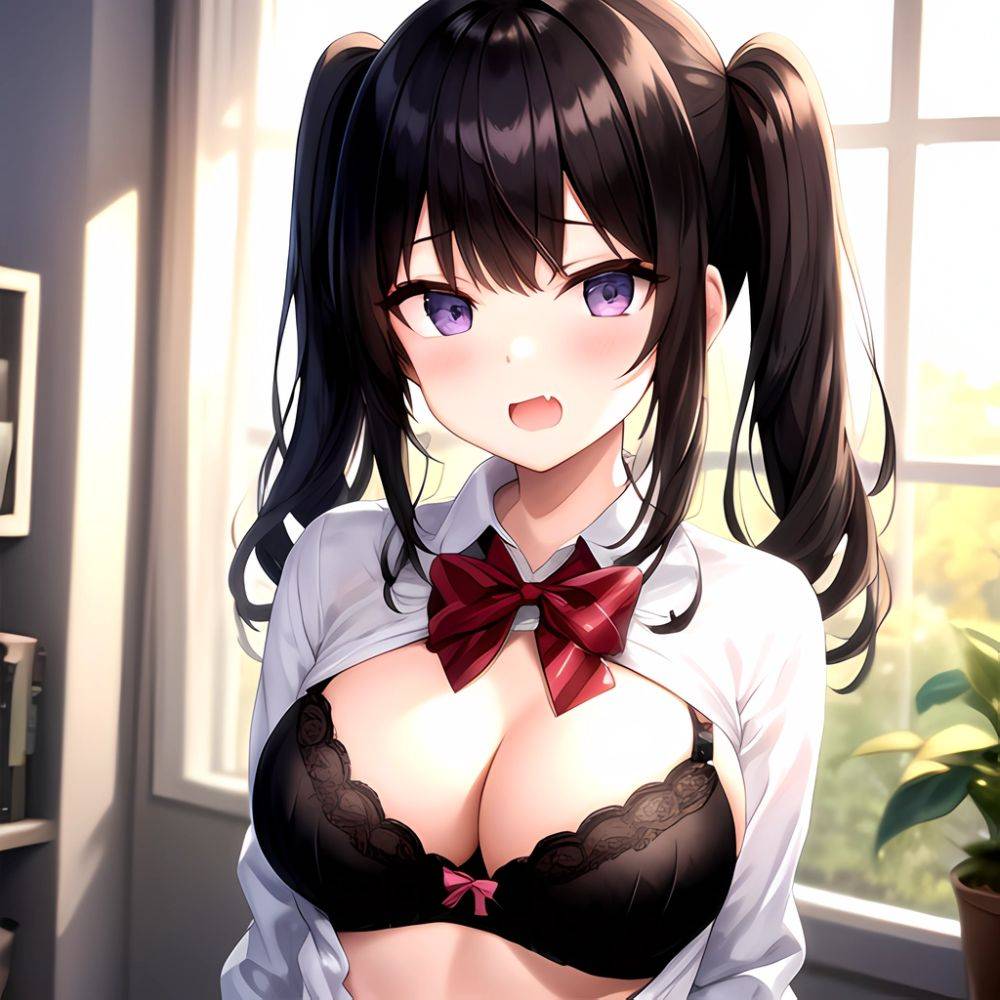 1girl Black Eyes Black Hair Blush Bow Bowtie Bra Breasts Center Opening Cleavage Collared Shirt Fang Grey Bra Hair Intakes, 3058750839 - AIHentai - #main
