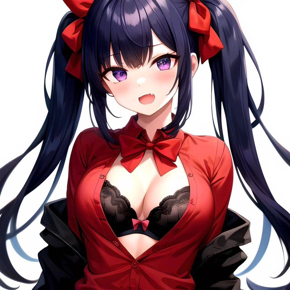 1girl Black Eyes Blue Hair Blush Bow Bowtie Bra Breasts Center Opening Cleavage Collared Shirt Fang Black Bra Hair Intakes, 1093644196 - AIHentai - #main