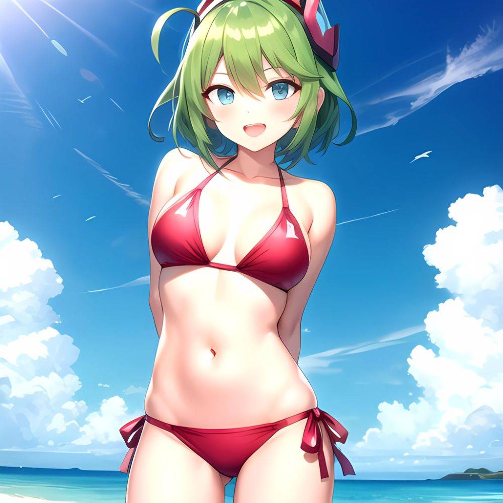 Roro Gunvolt 1girl Ahoge Arms Behind Back Bikini Blue Eyes Breasts Cowboy Shot Green Hair Groin Halterneck Headgear Light Partic, 3333701447 - AIHentai - #main