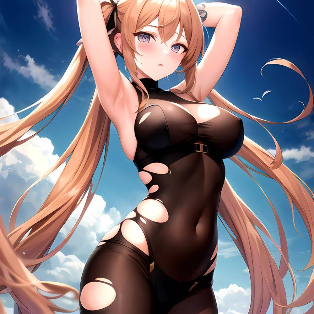 Roana Epic Seven 1girl Areola Slip Arm Garter Armpits Arms Up Black Bodysuit Blush Bodysuit Breasts Brown Hair Covered Navel, 2184072408 - AIHentai - #main