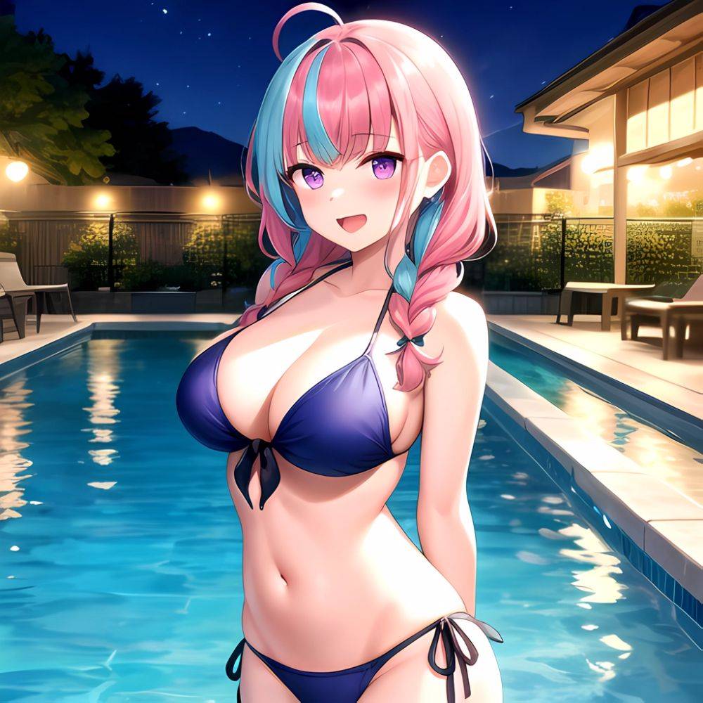 1girl Ahoge Bare Shoulders Bikini Blue Bikini Blue Hair Blush Braid Breasts Cleavage Colored Inner Hair Front Tie Bikini Top, 2489997813 - AIHentai - #main