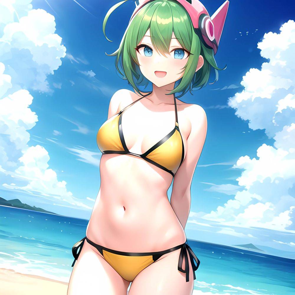 Roro Gunvolt 1girl Ahoge Arms Behind Back Bikini Blue Eyes Breasts Cowboy Shot Green Hair Groin Halterneck Headgear Light Partic, 4127411141 - AIHentai - #main