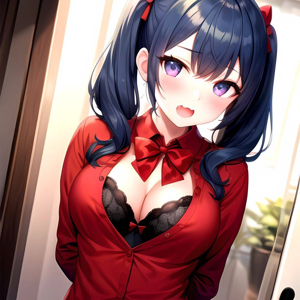 1girl Black Eyes Blue Hair Blush Bow Bowtie Bra Breasts Center Opening Cleavage Collared Shirt Fang Black Bra Hair Intakes, 3009290445 - AIHentai - #main