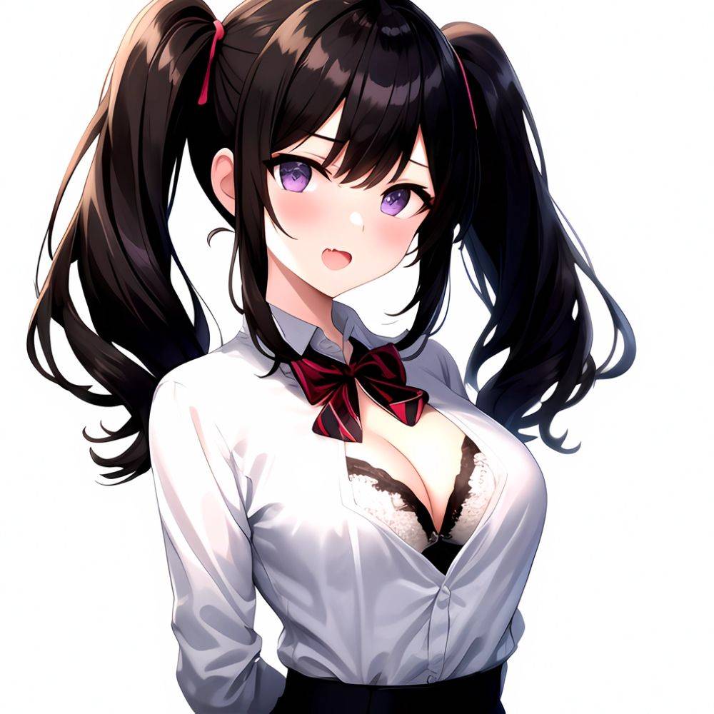 1girl Black Eyes Black Hair Blush Bow Bowtie Bra Breasts Center Opening Cleavage Collared Shirt Fang Grey Bra Hair Intakes, 3670312582 - AIHentai - #main
