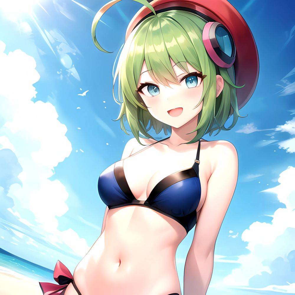 Roro Gunvolt 1girl Ahoge Arms Behind Back Bikini Blue Eyes Breasts Cowboy Shot Green Hair Groin Halterneck Headgear Light Partic, 1204255692 - AIHentai - #main