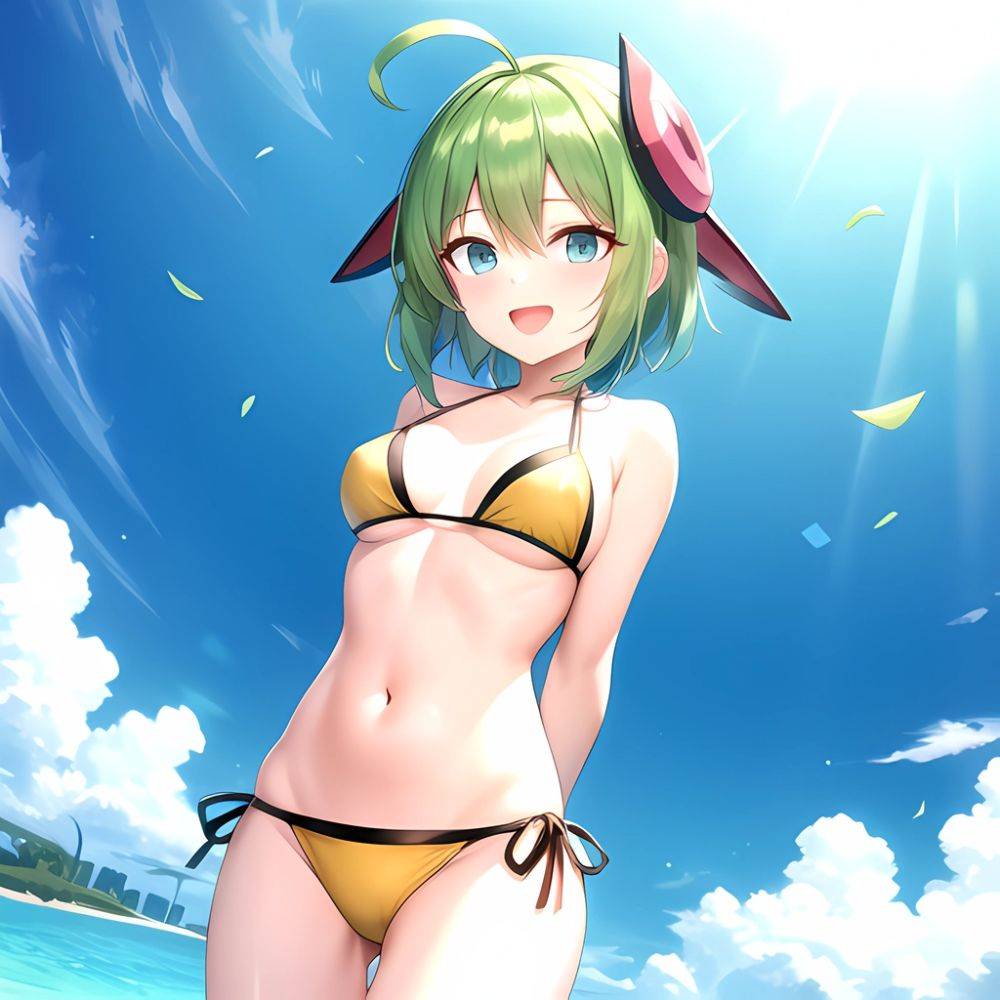 Roro Gunvolt 1girl Ahoge Arms Behind Back Bikini Blue Eyes Breasts Cowboy Shot Green Hair Groin Halterneck Headgear Light Partic, 3120695279 - AIHentai - #main