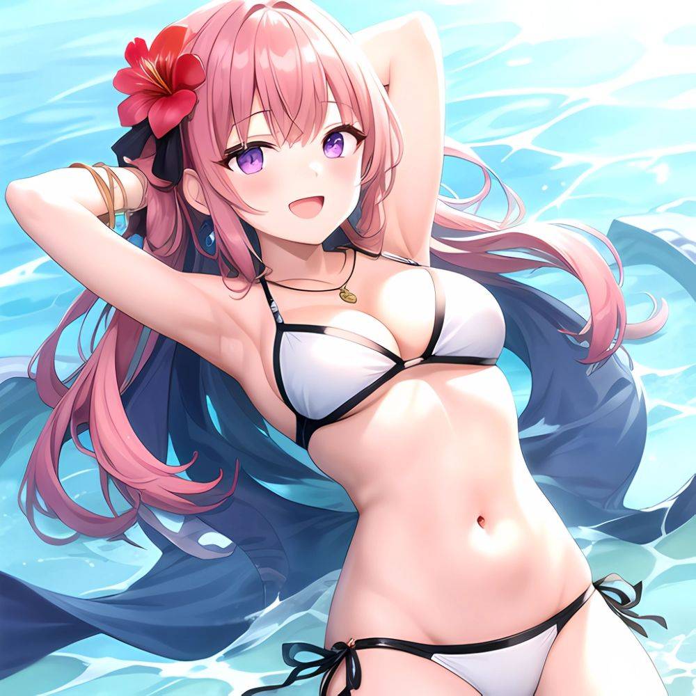 Yayoi Sakura 1girl Armpits Arms Behind Head Bikini Bracelet Breasts Cleavage Flower Hair Flower Hair Ornament Hibiscus Long Hair, 2696718489 - AIHentai - #main