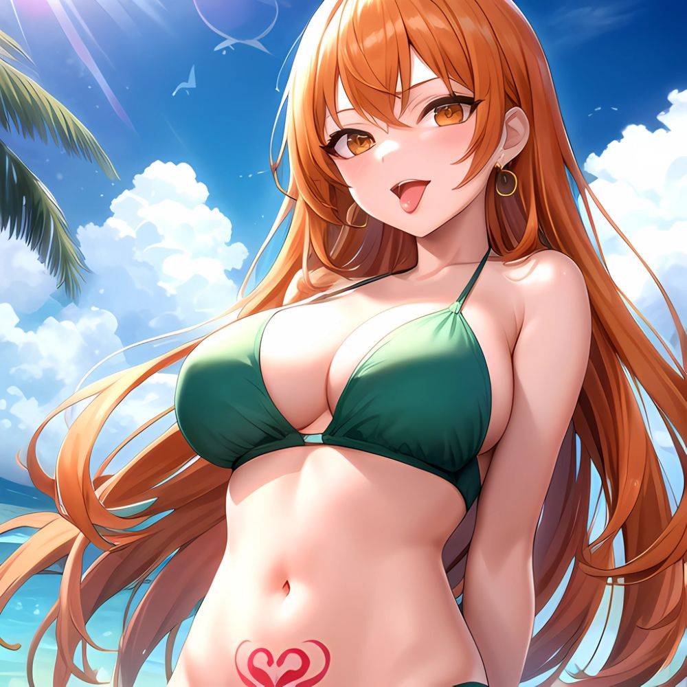 Nami One Piece 1girl Bare Arms Bare Shoulders Bikini Breasts Earrings Green Bikini Groin Jewelry Large Breasts Long Hair Looking, 2752638088 - AIHentai - #main