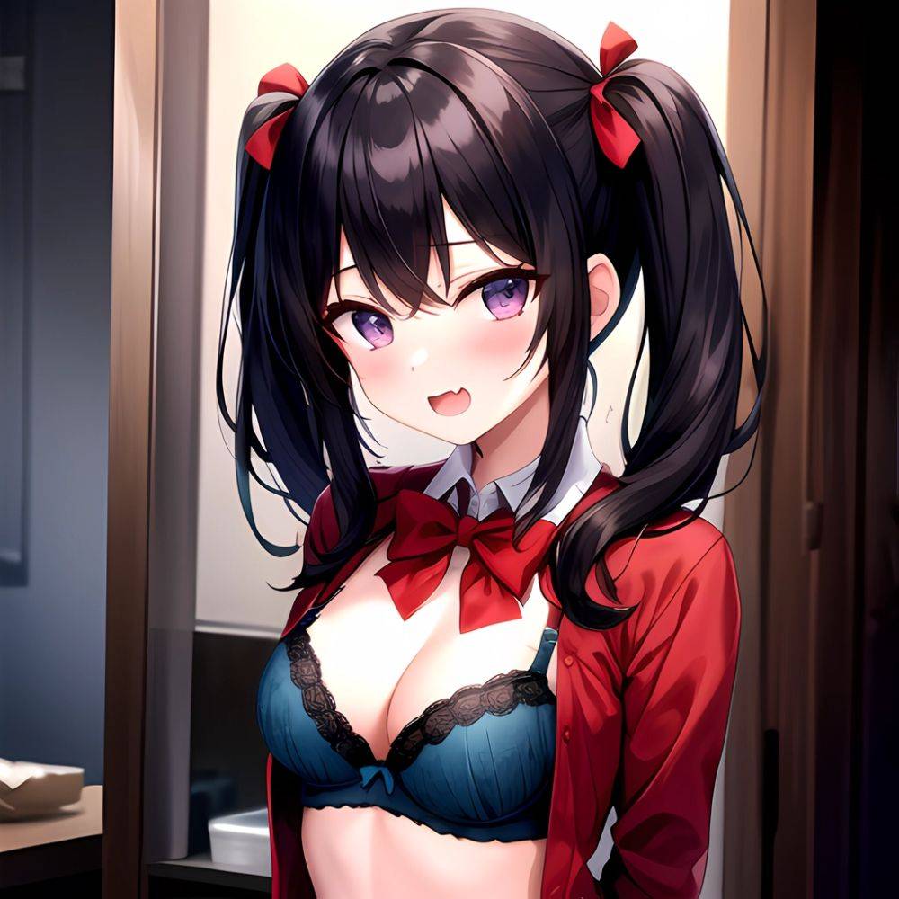 1girl Black Eyes Blue Hair Blush Bow Bowtie Bra Breasts Center Opening Cleavage Collared Shirt Fang Black Bra Hair Intakes, 2124259179 - AIHentai - #main