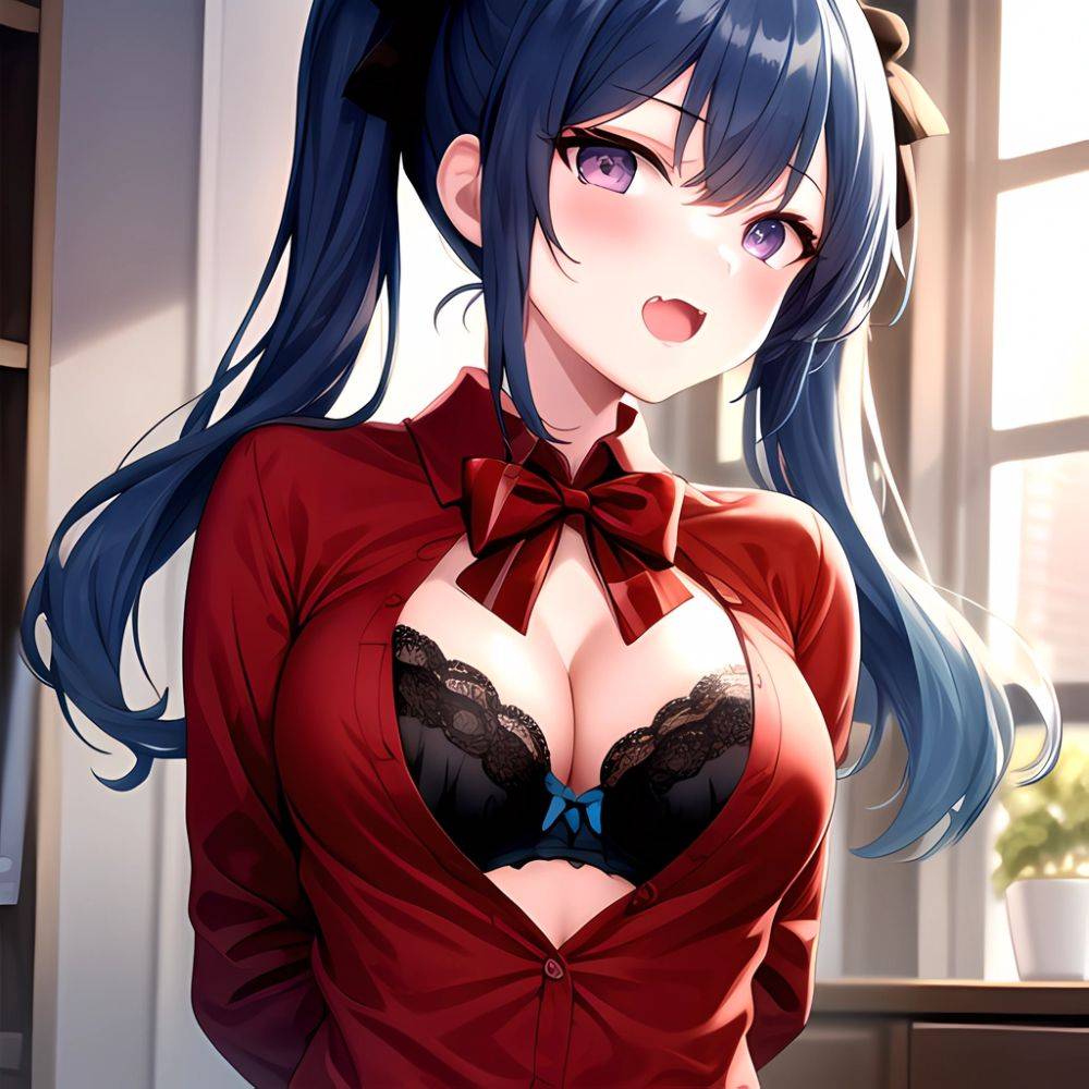 1girl Black Eyes Blue Hair Blush Bow Bowtie Bra Breasts Center Opening Cleavage Collared Shirt Fang Black Bra Hair Intakes, 299670592 - AIHentai - #main