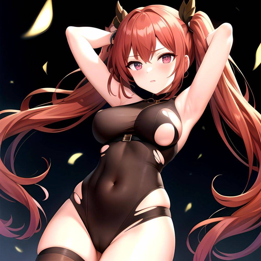 Roana Epic Seven 1girl Areola Slip Arm Garter Armpits Arms Behind Head Black Bodysuit Blush Bodysuit Breasts Brown Hair Covered, 1635224083 - AIHentai - #main