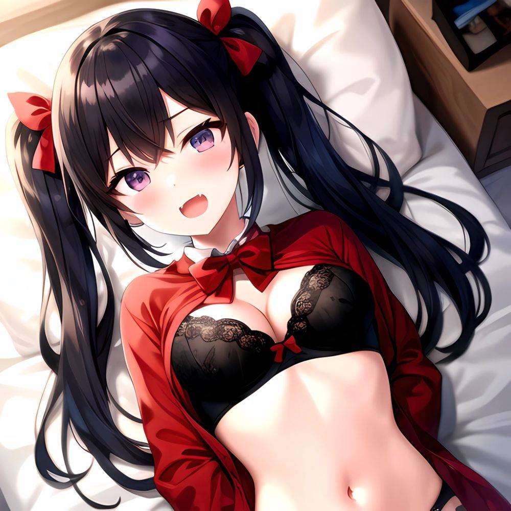 1girl Black Eyes Blue Hair Blush Bow Bowtie Bra Breasts Center Opening Cleavage Collared Shirt Fang Black Bra Hair Intakes, 4168149988 - AIHentai - #main