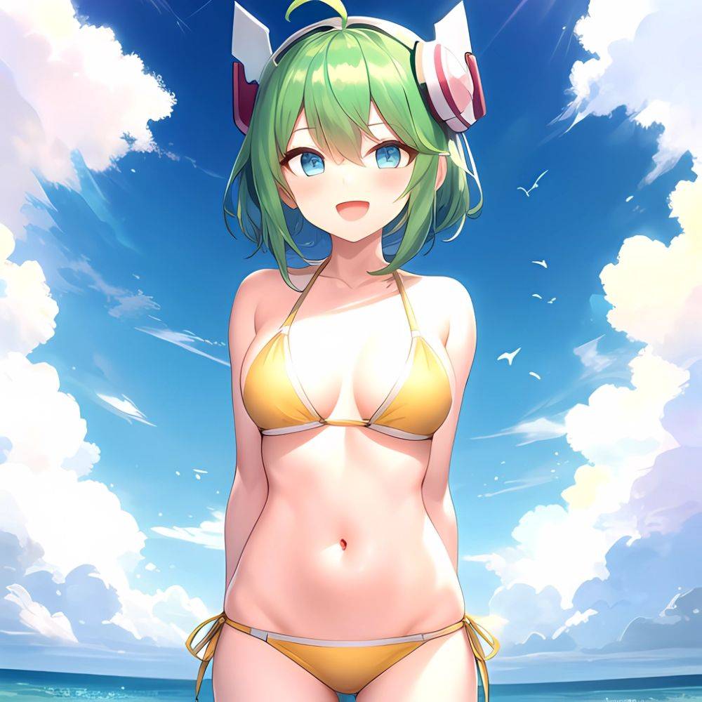 Roro Gunvolt 1girl Ahoge Arms Behind Back Bikini Blue Eyes Breasts Cowboy Shot Green Hair Groin Halterneck Headgear Light Partic, 3387046913 - AIHentai - #main