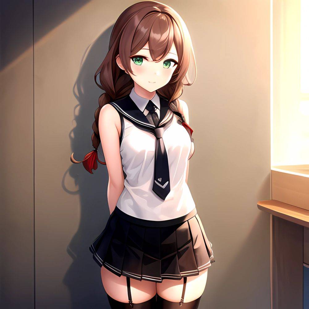 Noshiro Kancolle 1girl Anchor Symbol Asymmetrical Legwear Black Necktie Black Thighhighs Braid Brown Hair Garter Straps Green Ey, 3685104630 - AIHentai - #main
