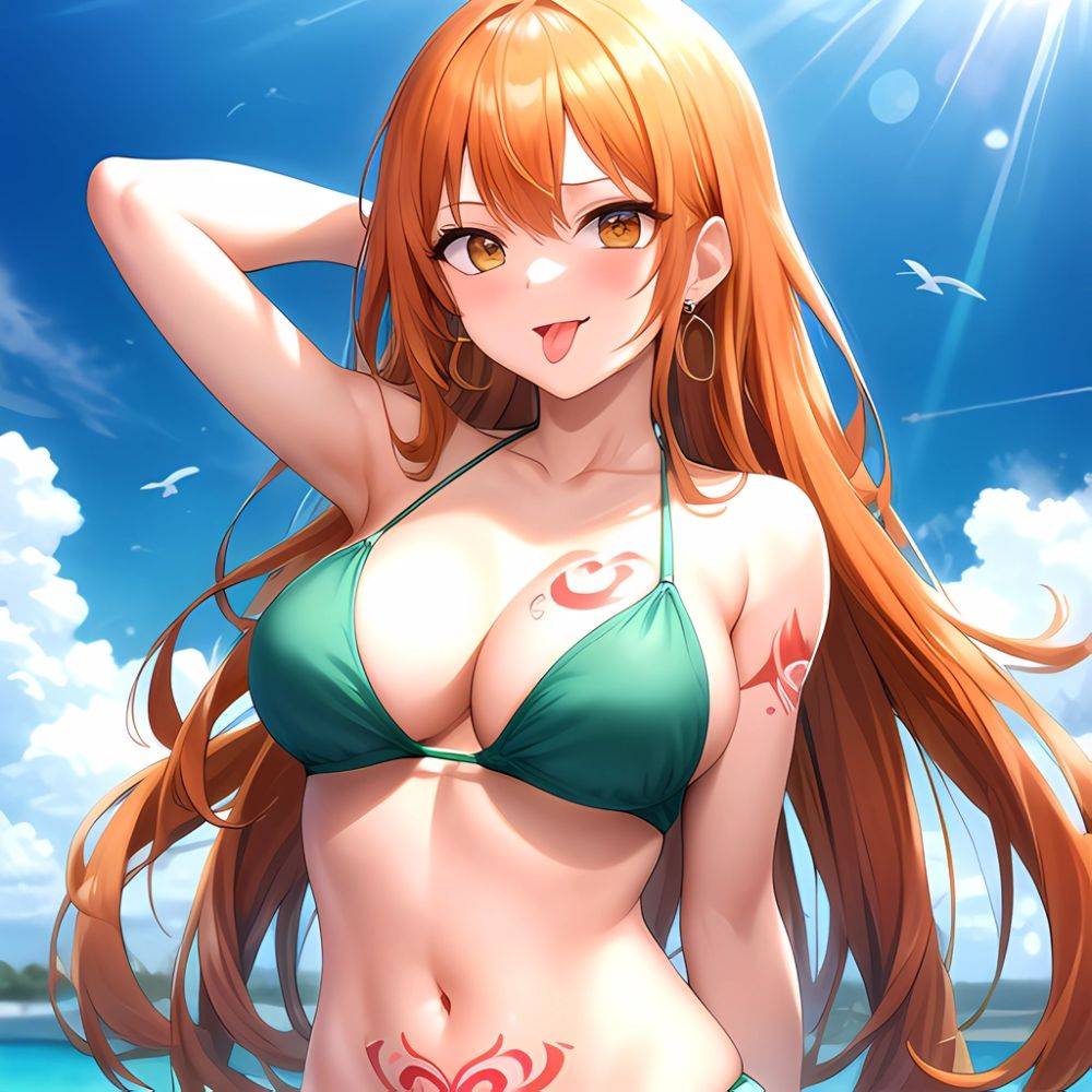Nami One Piece 1girl Bare Arms Bare Shoulders Bikini Breasts Earrings Green Bikini Groin Jewelry Large Breasts Long Hair Looking, 364799557 - AIHentai - #main