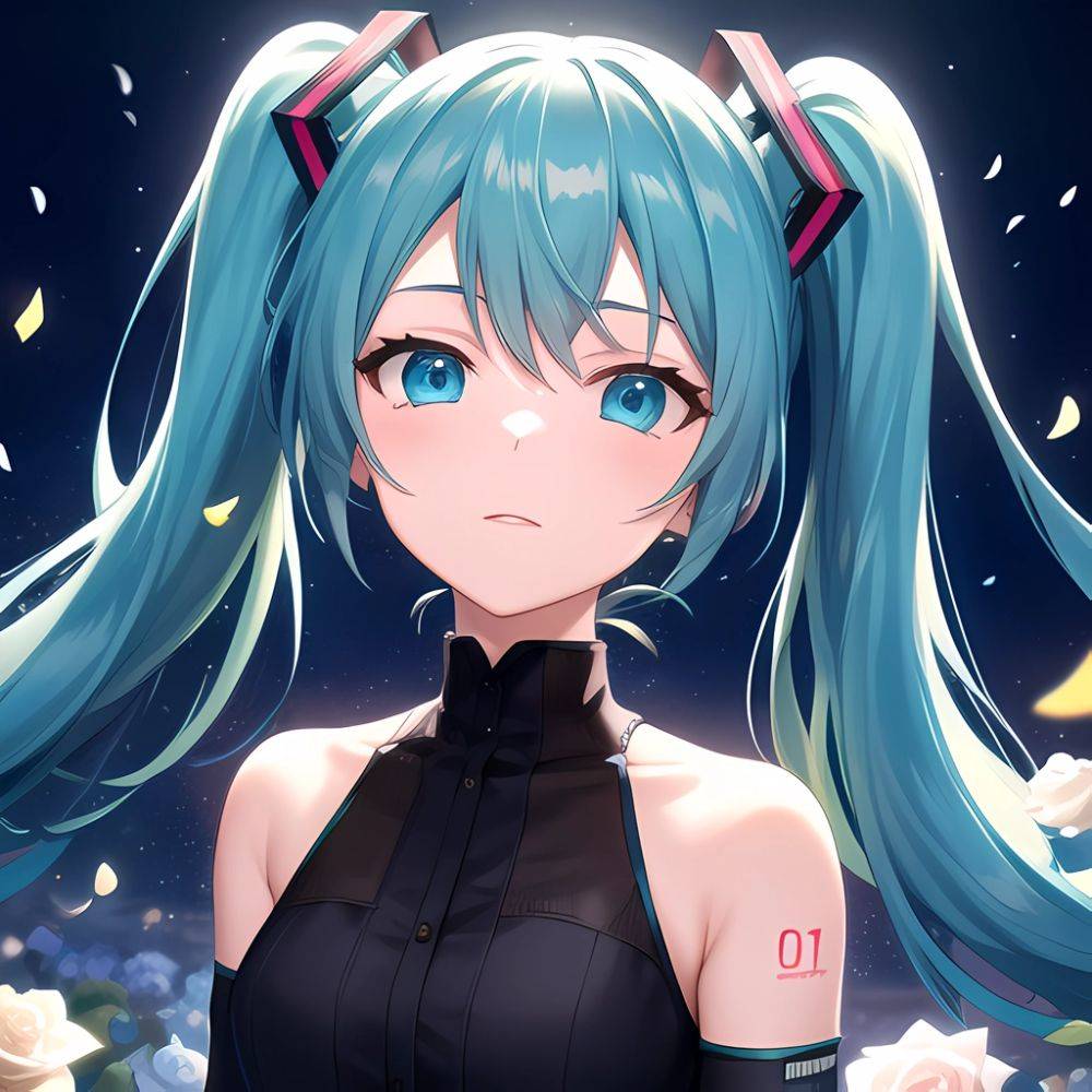 Face Focus Masterpiece Best Quality 1girl Hatsune Miku White Roses Petals Night Background Fireflies Light Particle Solo Aqua Ha, 3727997384 - AIHentai - #main