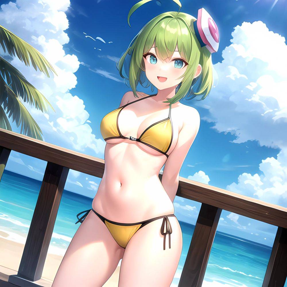 Roro Gunvolt 1girl Ahoge Arms Behind Back Bikini Blue Eyes Breasts Cowboy Shot Green Hair Groin Halterneck Headgear Light Partic, 4013408706 - AIHentai - #main