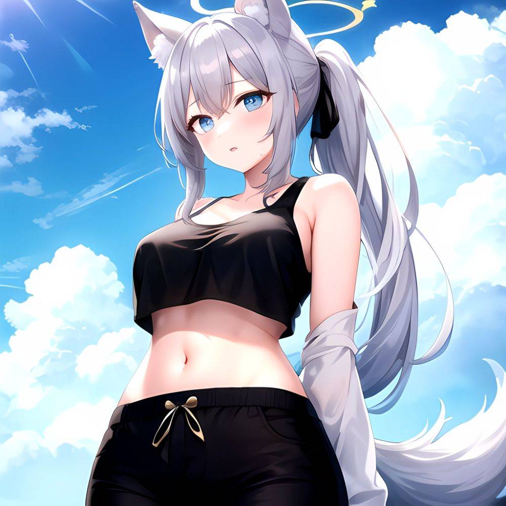 Shiroko Blue Archive 1girl Alternate Costume Animal Ear Fluff Animal Ears Arms Behind Back Black Pants Blue Eyes Blue Sky, 3084945792 - AIHentai - #main