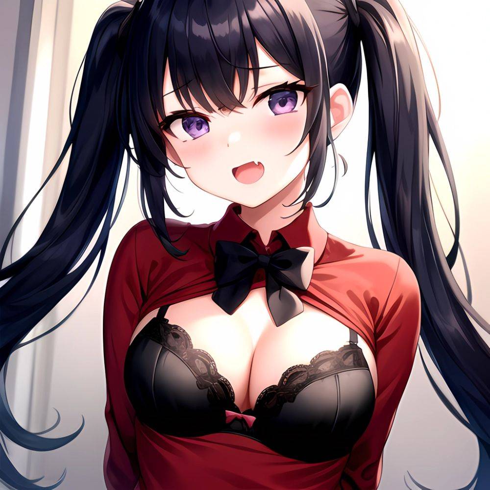1girl Black Eyes Blue Hair Blush Bow Bowtie Bra Breasts Center Opening Cleavage Collared Shirt Fang Black Bra Hair Intakes, 1747143116 - AIHentai - #main