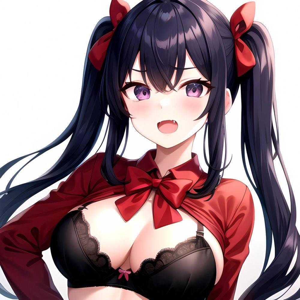 1girl Black Eyes Blue Hair Blush Bow Bowtie Bra Breasts Center Opening Cleavage Collared Shirt Fang Black Bra Hair Intakes, 1424765545 - AIHentai - #main