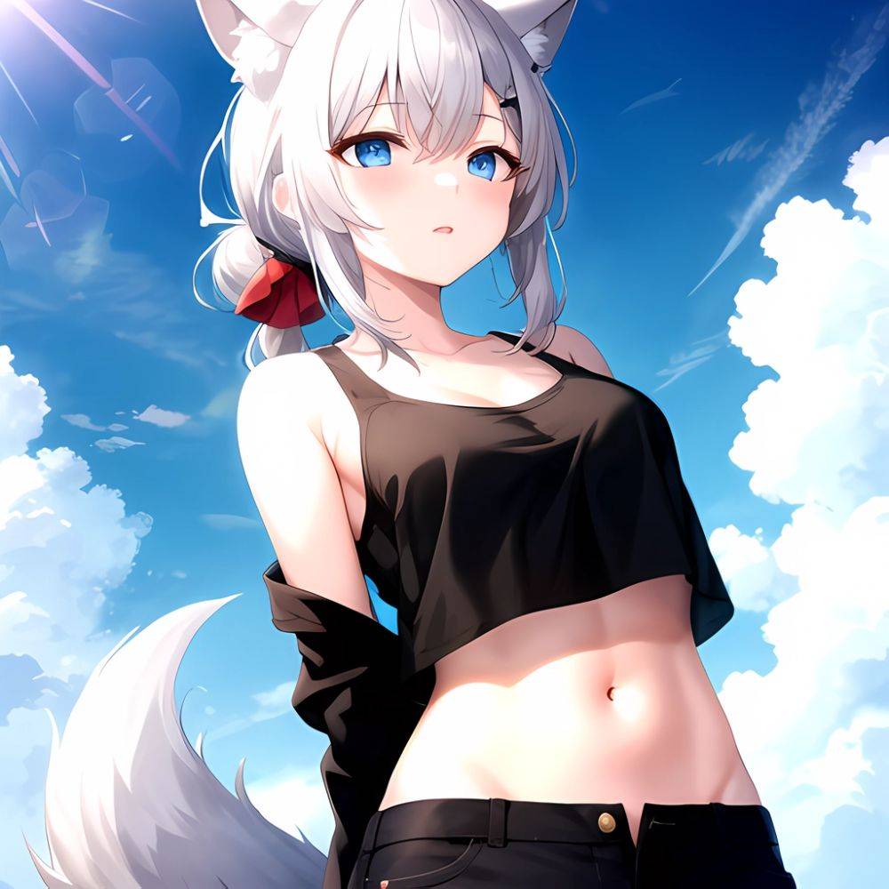Shiroko Blue Archive 1girl Alternate Costume Animal Ear Fluff Animal Ears Arms Behind Back Black Pants Blue Eyes Blue Sky, 2303990875 - AIHentai - #main