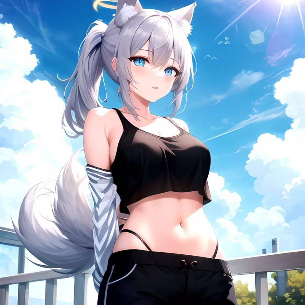 Shiroko Blue Archive 1girl Alternate Costume Animal Ear Fluff Animal Ears Arms Behind Back Black Pants Blue Eyes Blue Sky, 1681101979 - AIHentai - #main
