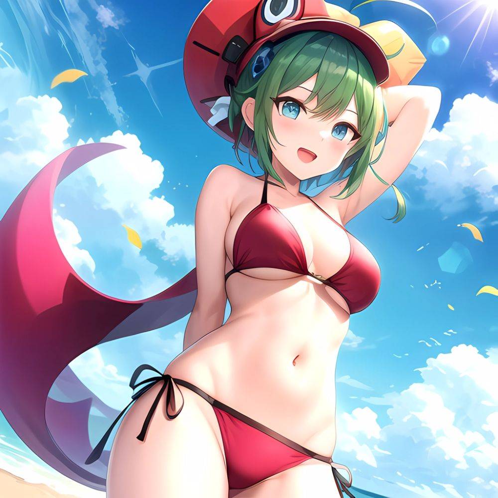 Roro Gunvolt 1girl Ahoge Arms Behind Back Bikini Blue Eyes Breasts Cowboy Shot Green Hair Groin Halterneck Headgear Light Partic, 3501672671 - AIHentai - #main