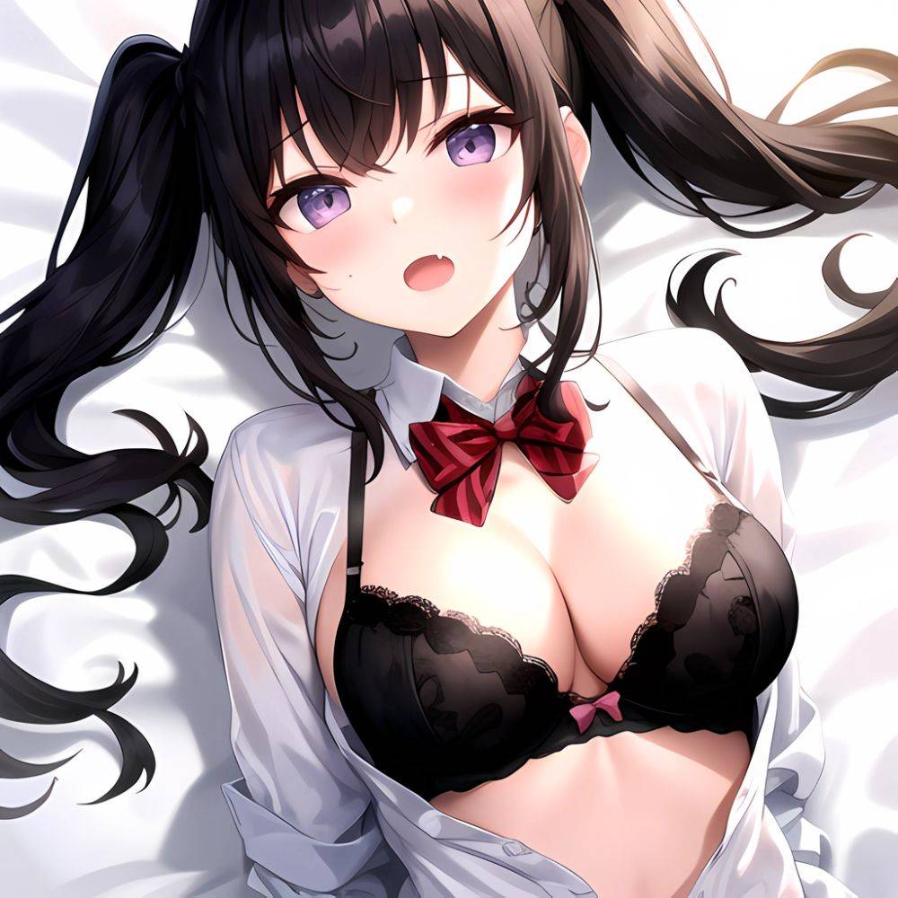 1girl Black Eyes Black Hair Blush Bow Bowtie Bra Breasts Center Opening Cleavage Collared Shirt Fang Grey Bra Hair Intakes, 2750551740 - AIHentai - #main