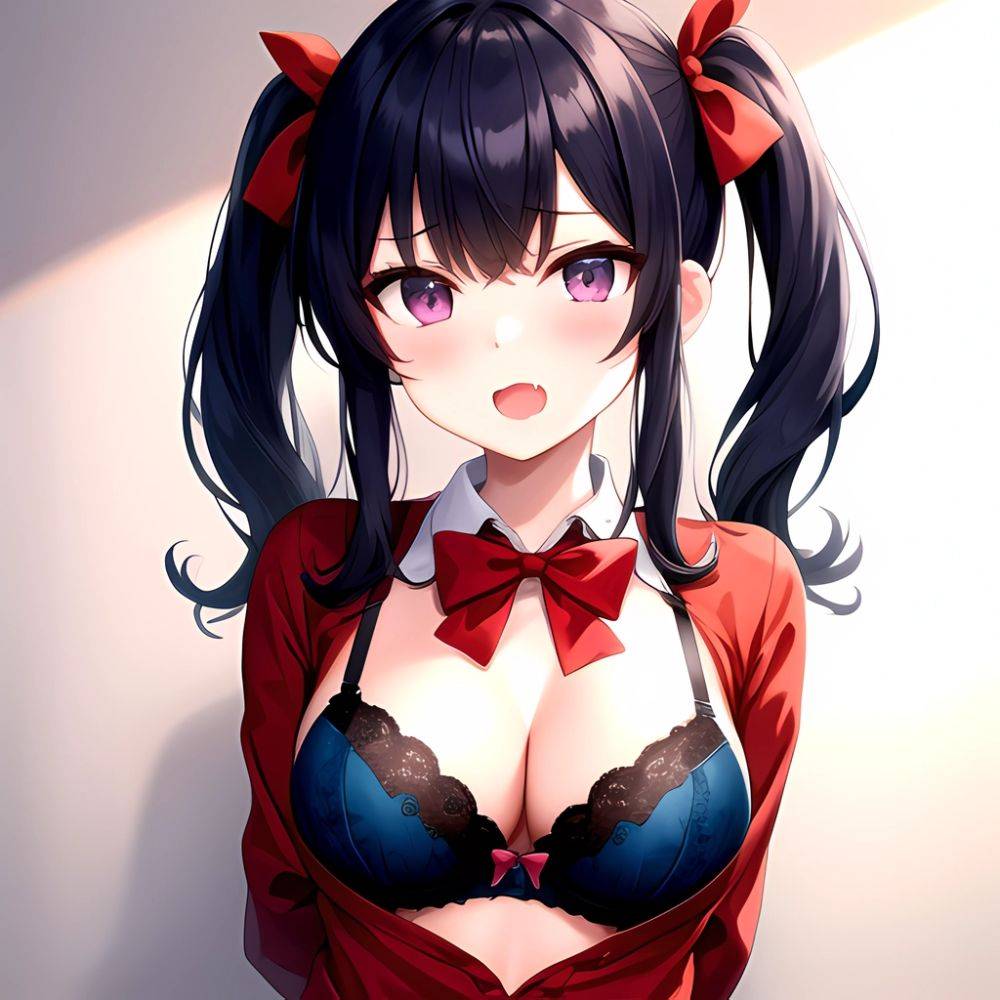 1girl Black Eyes Blue Hair Blush Bow Bowtie Bra Breasts Center Opening Cleavage Collared Shirt Fang Black Bra Hair Intakes, 1179119159 - AIHentai - #main