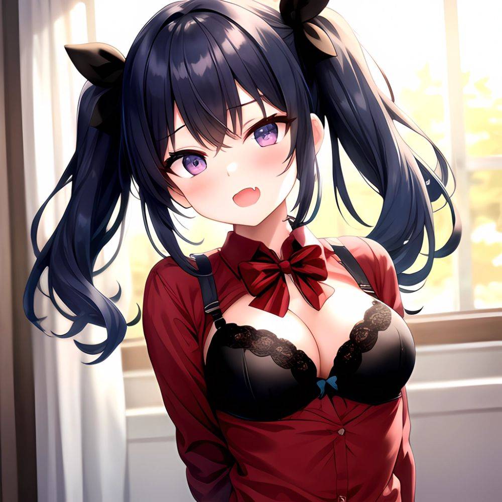 1girl Black Eyes Blue Hair Blush Bow Bowtie Bra Breasts Center Opening Cleavage Collared Shirt Fang Black Bra Hair Intakes, 188467806 - AIHentai - #main
