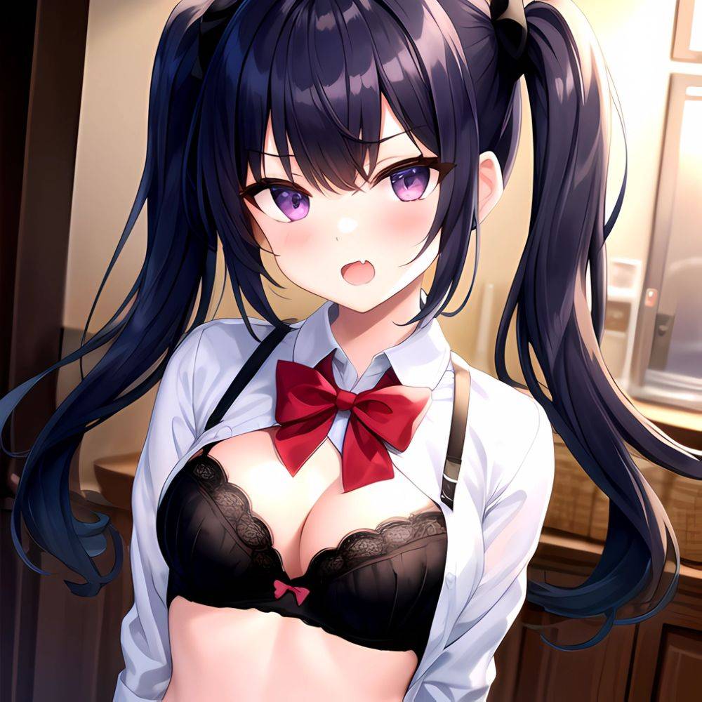 1girl Black Eyes Blue Hair Blush Bow Bowtie Bra Breasts Center Opening Cleavage Collared Shirt Fang Black Bra Hair Intakes, 1916981360 - AIHentai - #main