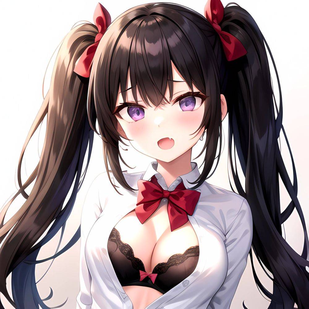 1girl Black Eyes Black Hair Blush Bow Bowtie Bra Breasts Center Opening Cleavage Collared Shirt Fang Grey Bra Hair Intakes, 4022173478 - AIHentai - #main