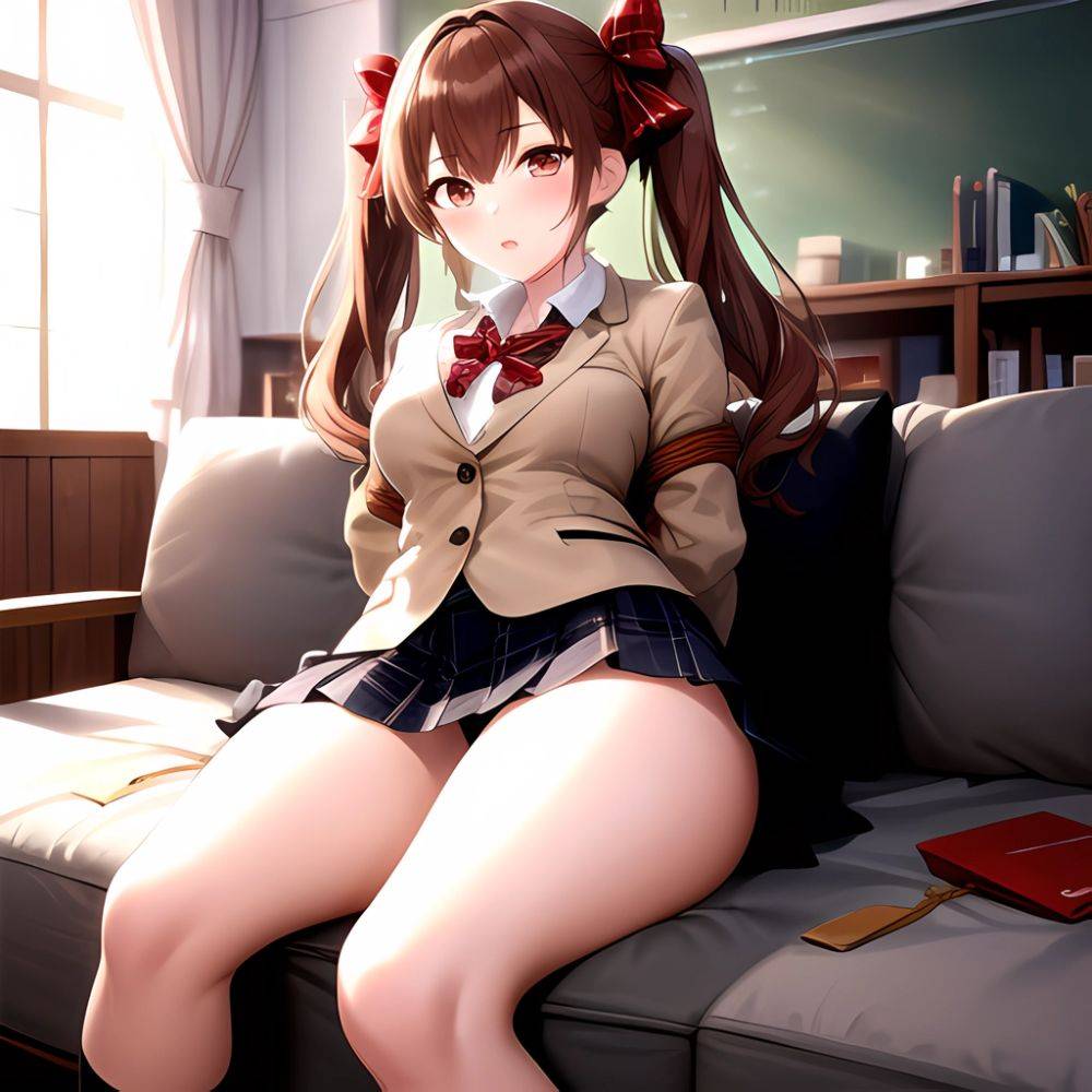 Shirai Kuroko 1girl Arms Behind Back Bdsm Black Skirt Blazer Blush Bondage Bound Bound Arms Bound Legs Bow Bowtie Brown, 2099525558 - AIHentai - #main