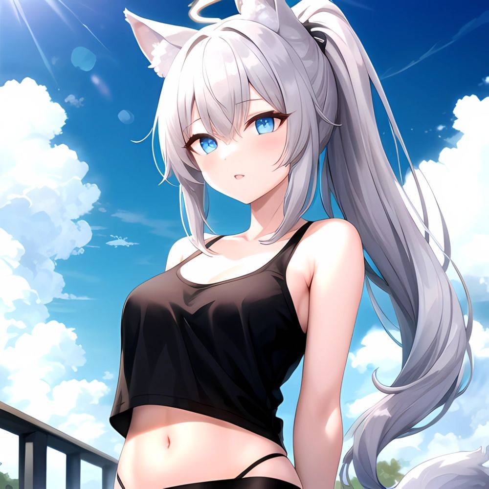 Shiroko Blue Archive 1girl Alternate Costume Animal Ear Fluff Animal Ears Arms Behind Back Black Pants Blue Eyes Blue Sky, 2285726241 - AIHentai - #main