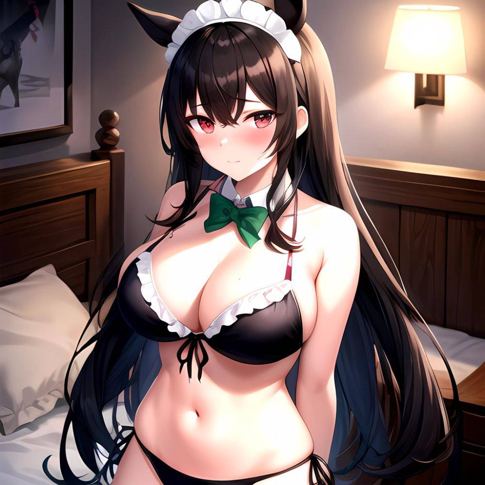 1girl Alternate Costume Animal Ears Arms Behind Back Bed Bikini Black Bikini Black Ribbon Blush Bow Breasts Cleavage Closed Mout, 3844681708 - AIHentai - #main
