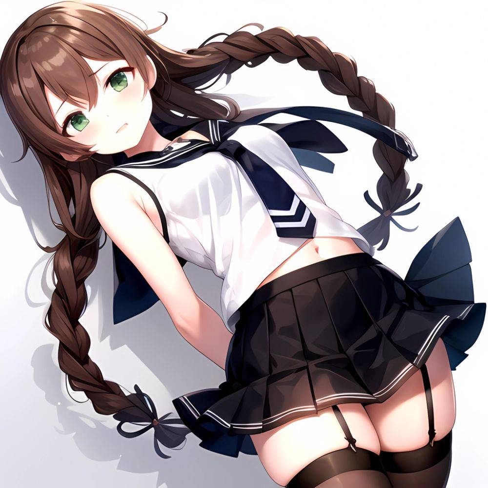 Noshiro Kancolle 1girl Anchor Symbol Asymmetrical Legwear Black Necktie Black Thighhighs Braid Brown Hair Garter Straps Green Ey, 4192320061 - AIHentai - #main
