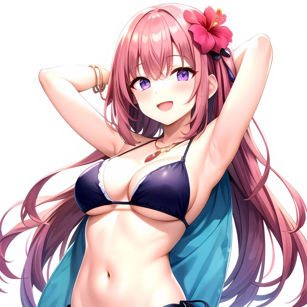 Yayoi Sakura 1girl Armpits Arms Behind Head Bikini Bracelet Breasts Cleavage Flower Hair Flower Hair Ornament Hibiscus Long Hair, 2414911604 - AIHentai - #main