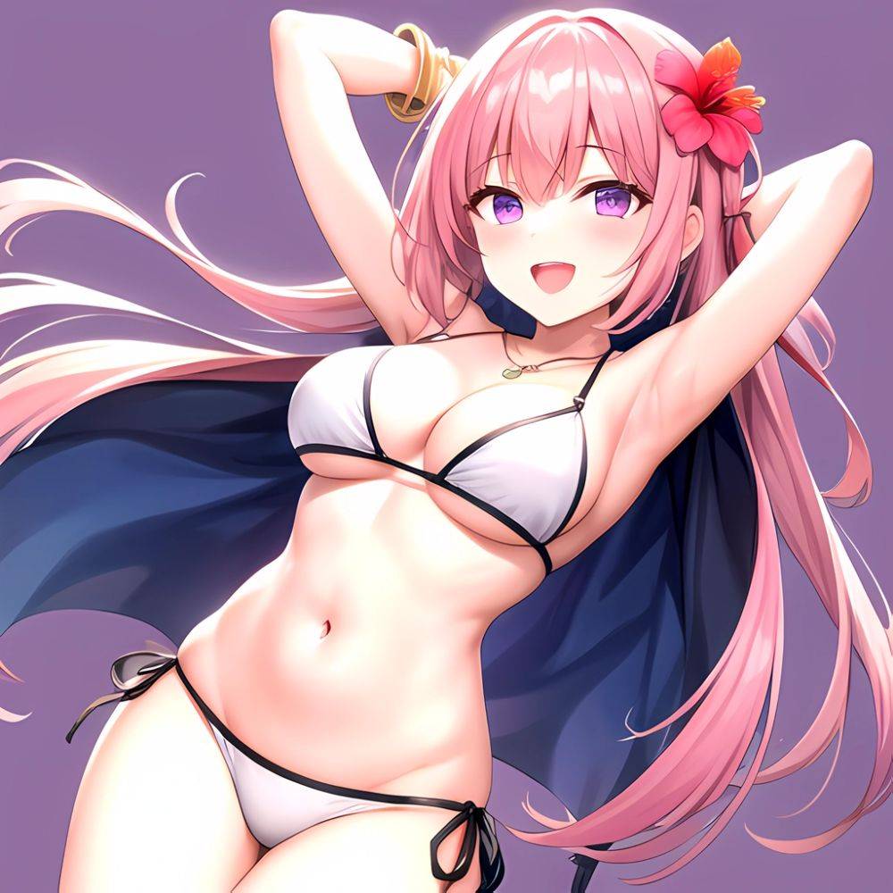 Yayoi Sakura 1girl Armpits Arms Behind Head Bikini Bracelet Breasts Cleavage Flower Hair Flower Hair Ornament Hibiscus Long Hair, 950585040 - AIHentai - #main