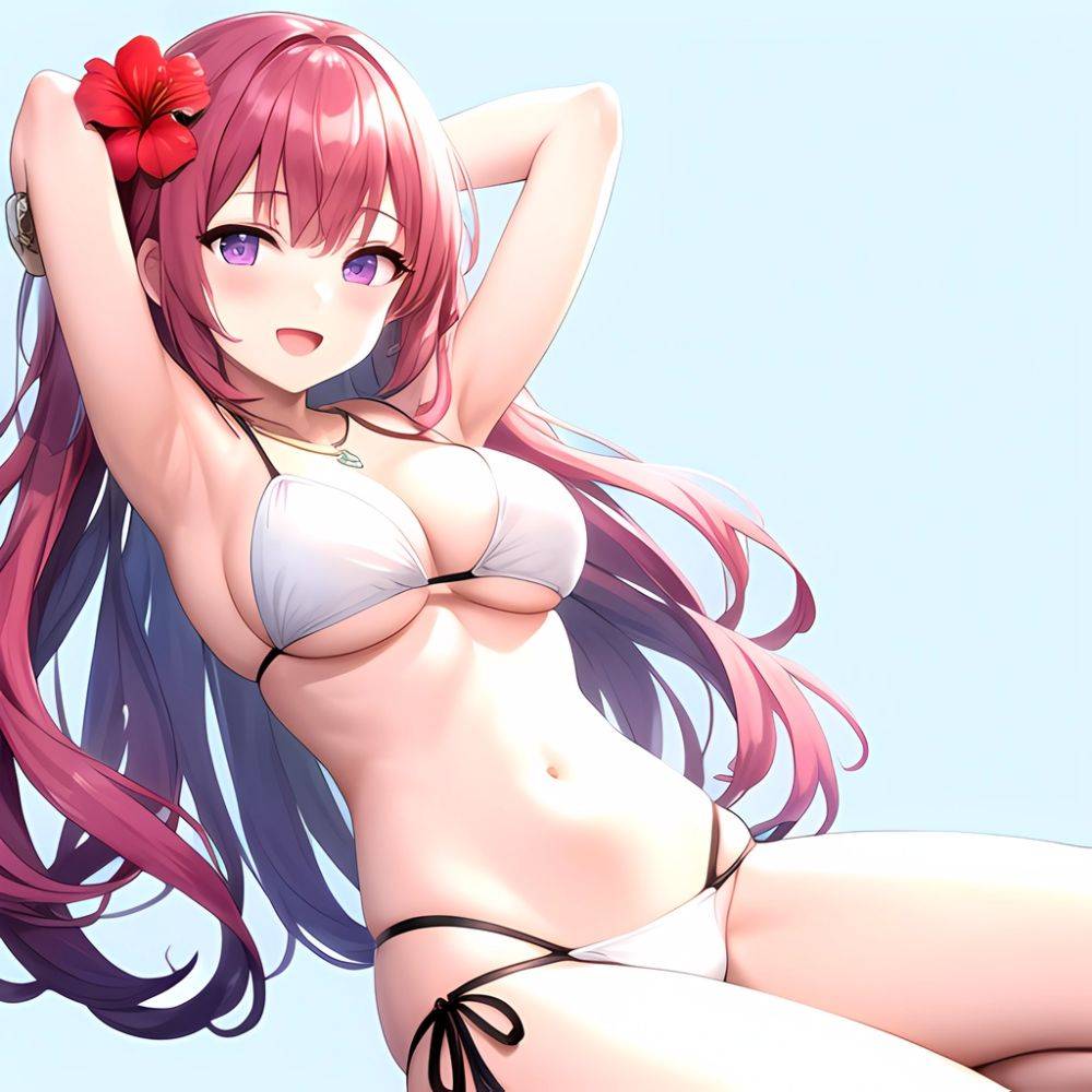 Yayoi Sakura 1girl Armpits Arms Behind Head Bikini Bracelet Breasts Cleavage Flower Hair Flower Hair Ornament Hibiscus Long Hair, 2061554421 - AIHentai - #main