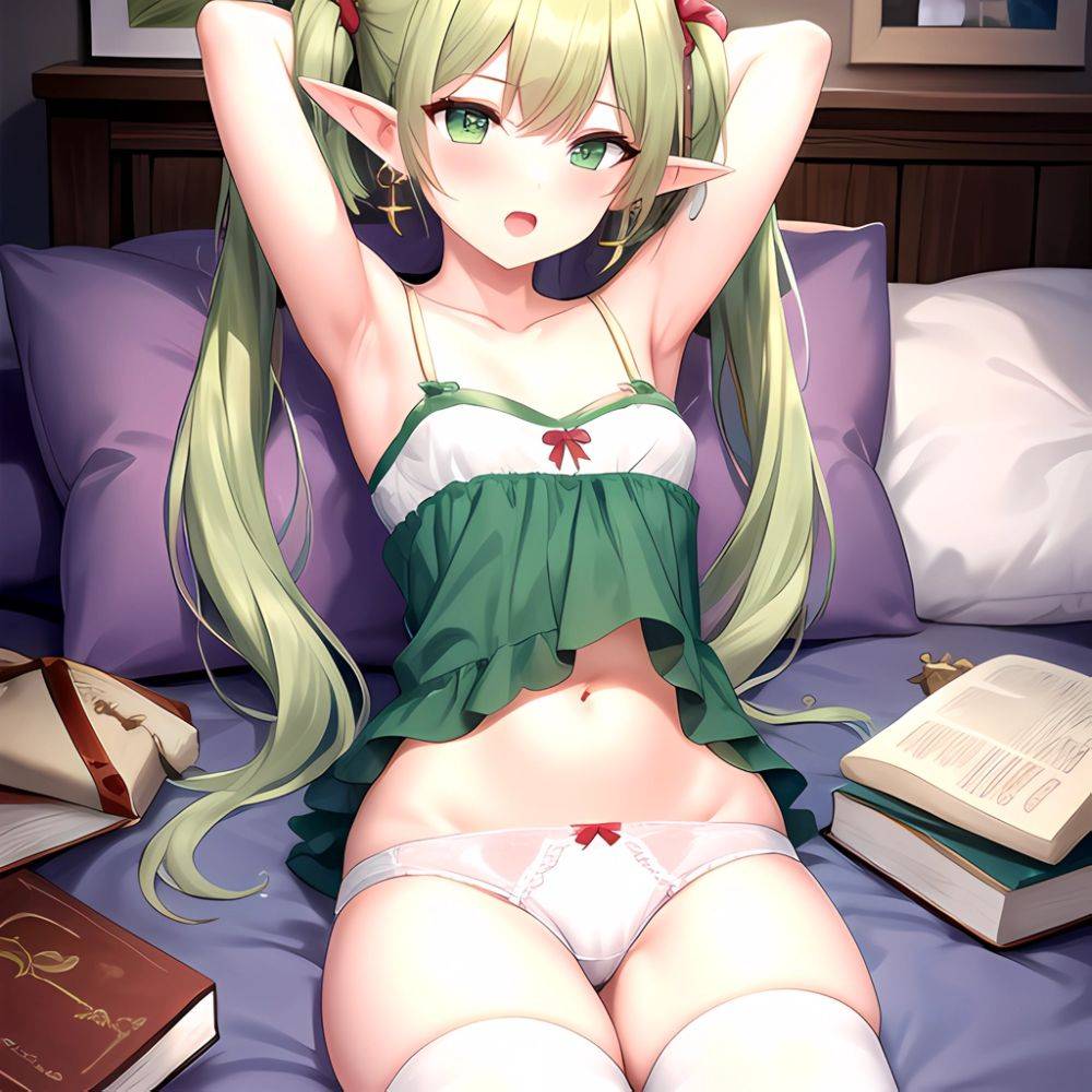 Frieren 1girl Alternate Costume Arm Behind Head Arm Up Armpits Bare Shoulders Book Breasts Brown Thighhighs Camisole Collarbone, 3596037024 - AIHentai - #main