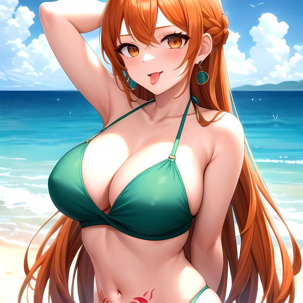Nami One Piece 1girl Bare Arms Bare Shoulders Bikini Breasts Earrings Green Bikini Groin Jewelry Large Breasts Long Hair Looking, 3159082680 - AIHentai - #main
