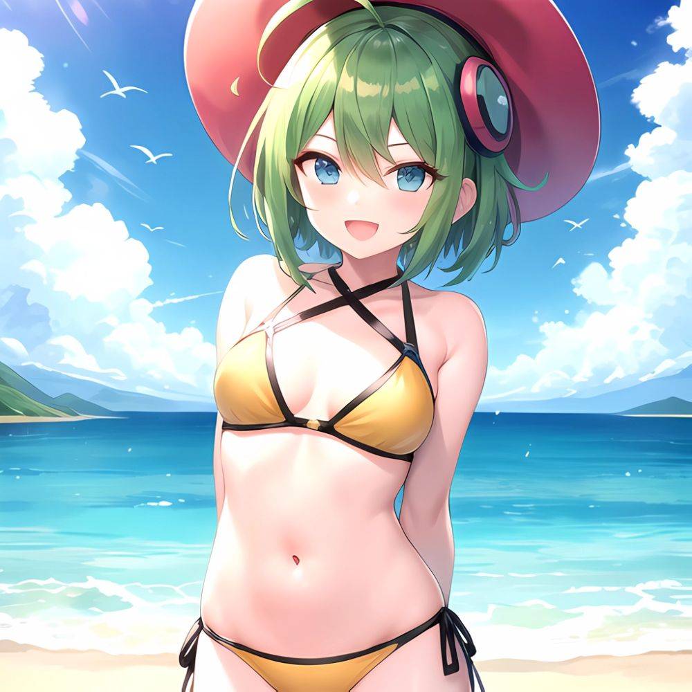 Roro Gunvolt 1girl Ahoge Arms Behind Back Bikini Blue Eyes Breasts Cowboy Shot Green Hair Groin Halterneck Headgear Light Partic, 3388893218 - AIHentai - #main